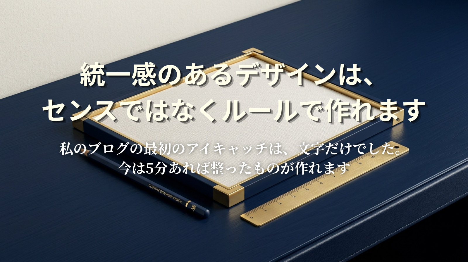 A blank canvas frame with a pencil and ruler on a dark navy desk. Creative but minimal atmosphere. Gold accent detail.