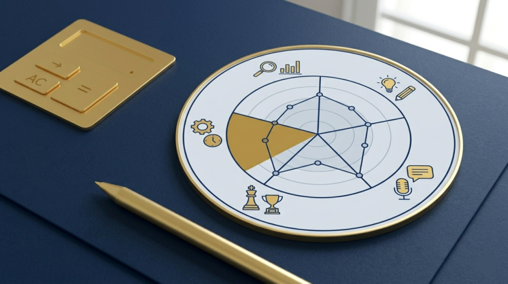 A circular radar chart outline with five axes labeled with generic skill icons. Navy outline, gold fill for one segment. Minimal flat design.