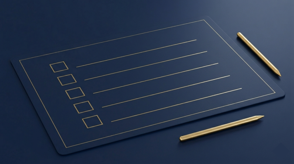 A clean checklist card. Five rows with checkbox outlines. Navy and gold minimal design.