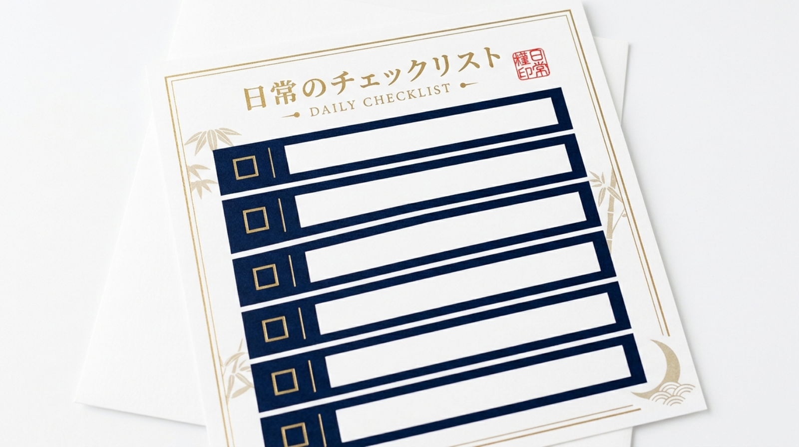 &nbsp;A clean checklist graphic. Seven navy rows with gold checkboxes,
&nbsp; minimal Japanese-style layout. Items left blank (no text needed).
&nbsp; Calm, organized aesthetic. White background, subtle border.