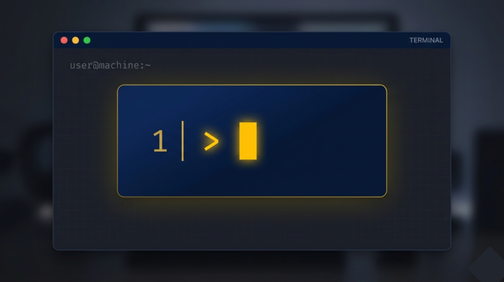 A clean code-block style card in navy with gold text cursor blinking. Minimal terminal aesthetic. No actual text needed.