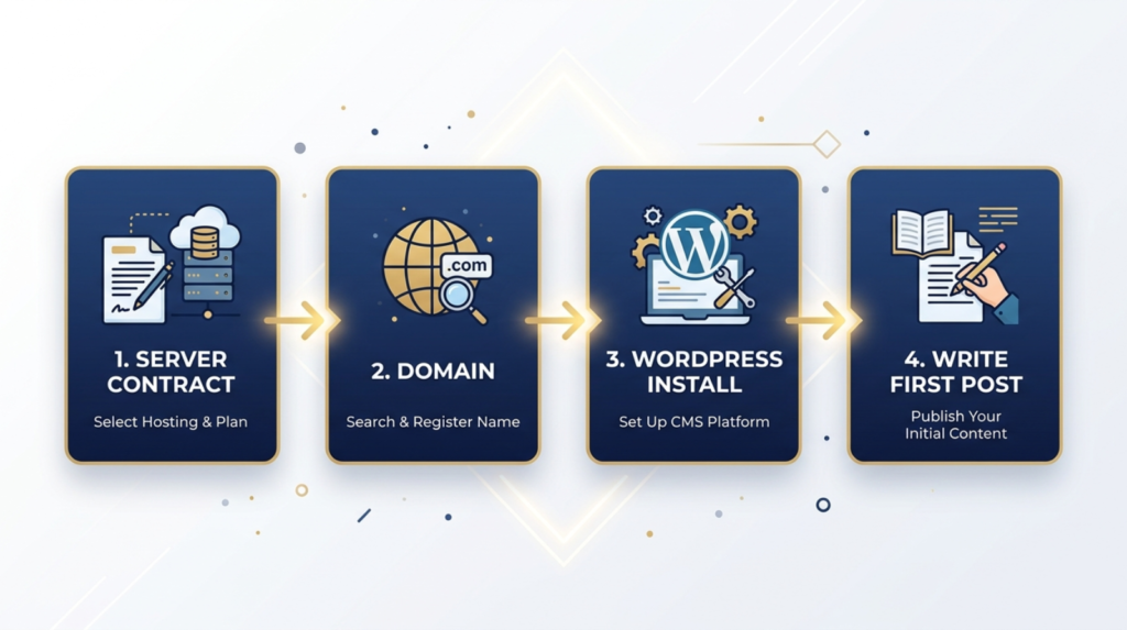 A clean horizontal flow chart with 4 steps: Server contract → Domain → WordPress install → Write first post. Navy boxes, gold connecting arrows.