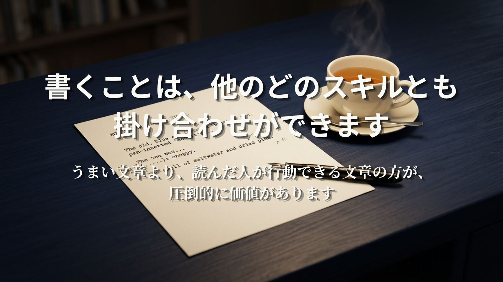 A clean white page with minimal typewriter-style text marks, on a navy desk with a cup of tea beside it. Soft, focused light. Writing atmosphere.