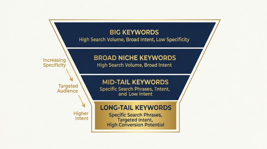 A funnel diagram. Top wide section labeled "big keywords", bottom narrow section labeled "long-tail". Navy and gold. Minimal flat design.