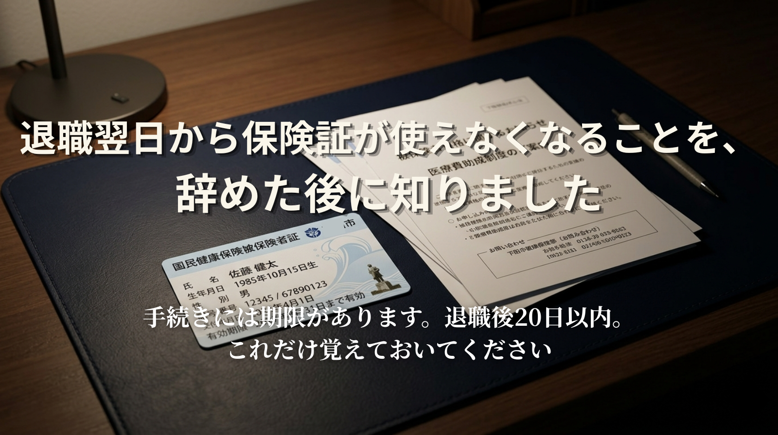 A health insurance card and a small stack of documents on a dark navy desk. Soft single light. Serious but calm protective atmosphere.