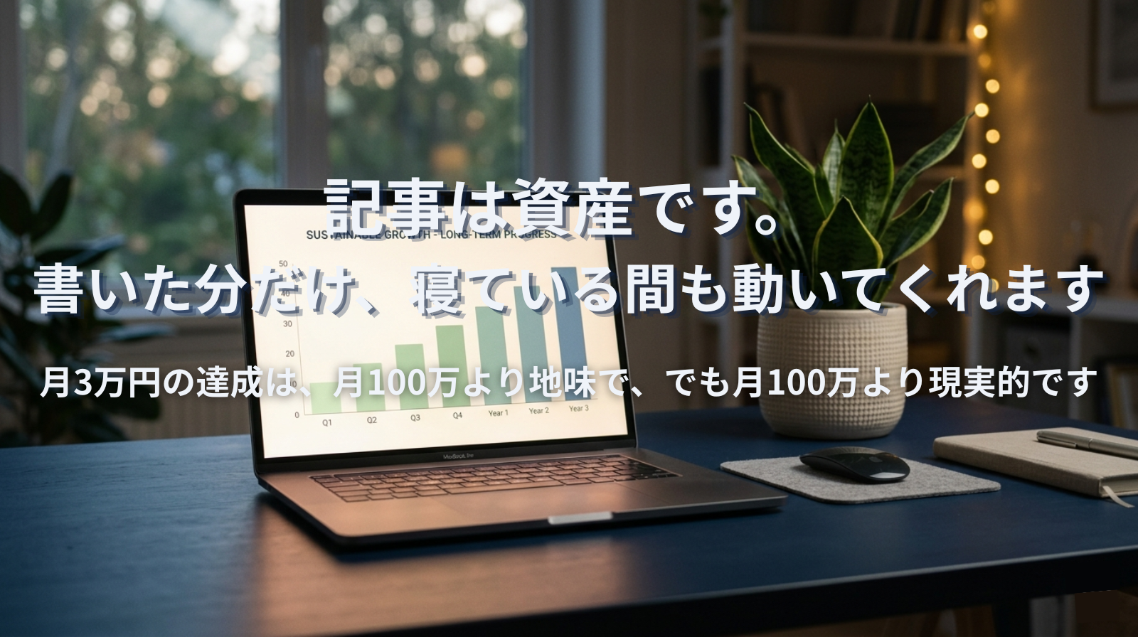 A laptop on a minimal navy desk, screen glowing softly with a simple bar chart going slowly upward. Potted plant to the side. Calm, patient, long-term atmosphere.