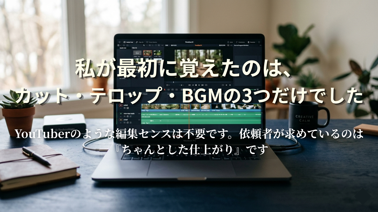 A laptop showing a minimal video editing timeline interface, on a dark navy desk. Soft focus. Clean, focused, creative-calm atmosphere.