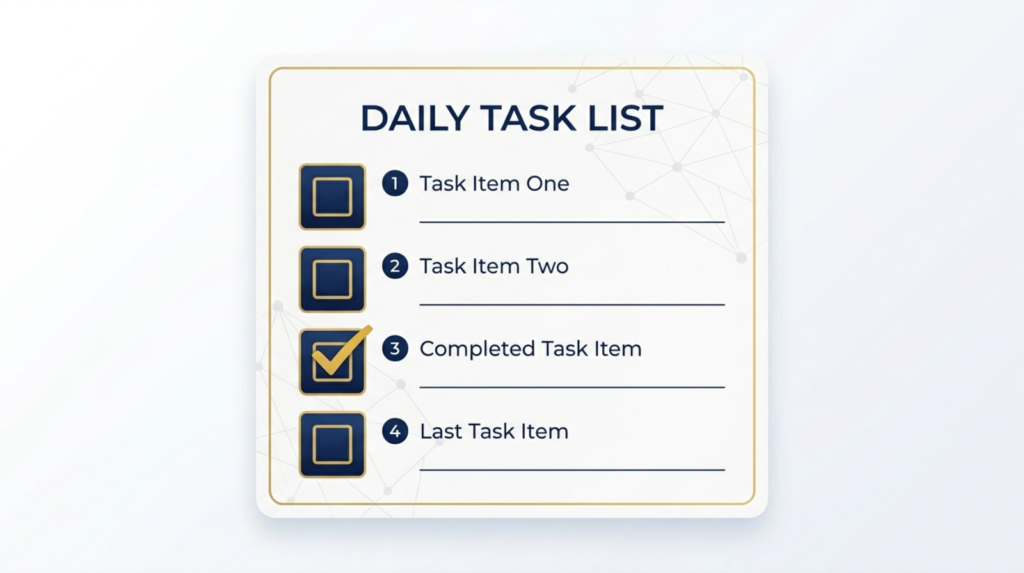 A minimal checklist-style graphic. Four rows with checkbox icons in navy and gold.