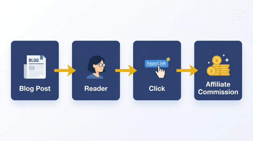 A simple flow diagram: Blog post → Reader → Click → Affiliate commission. Navy boxes, gold arrows. Minimal flat style.