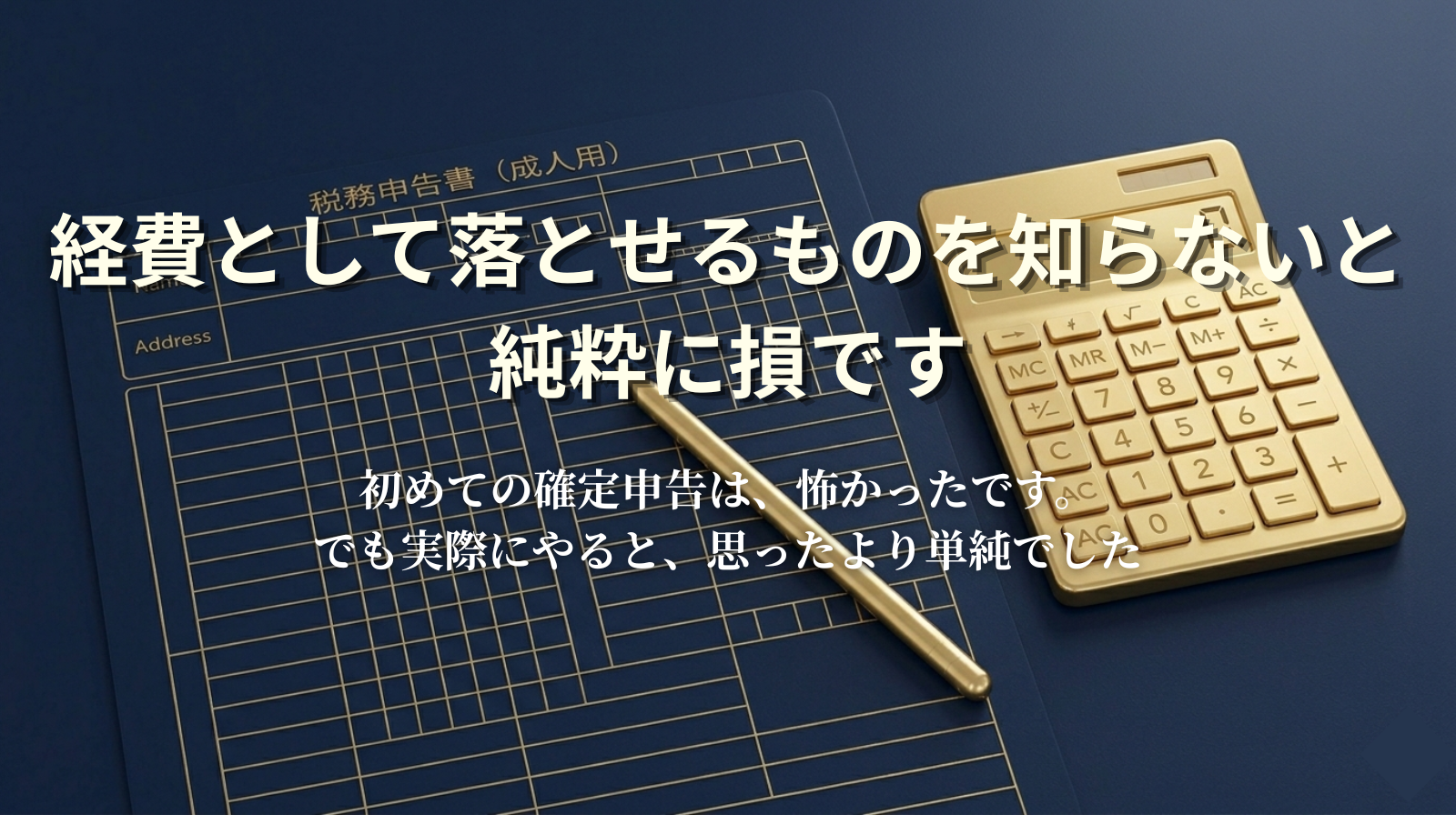 A simple tax return form outline beside a calculator on a navy desk. Gold pen accent. Calm, organized, adult atmosphere.