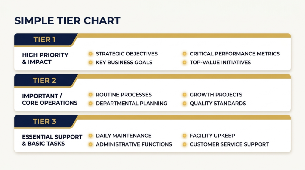 A simple tier chart. Three levels stacked vertically with gold accent markers.