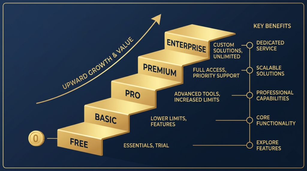 A simple upward staircase diagram. Steps labeled with price tiers in gold. Navy background. Minimal flat design.