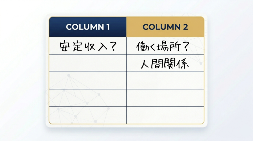 A two-column comparison table frame. Left column header navy, right column header gold.