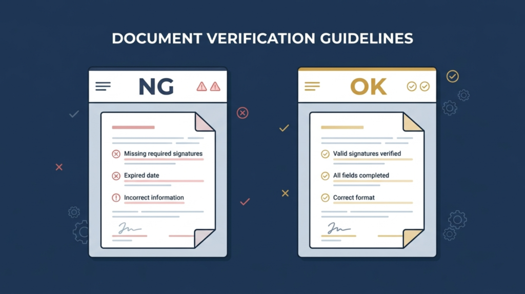Two side-by-side document frames on navy background. Left labeled "NG" in subtle red accent, right labeled "OK" in gold accent. Clean flat design.