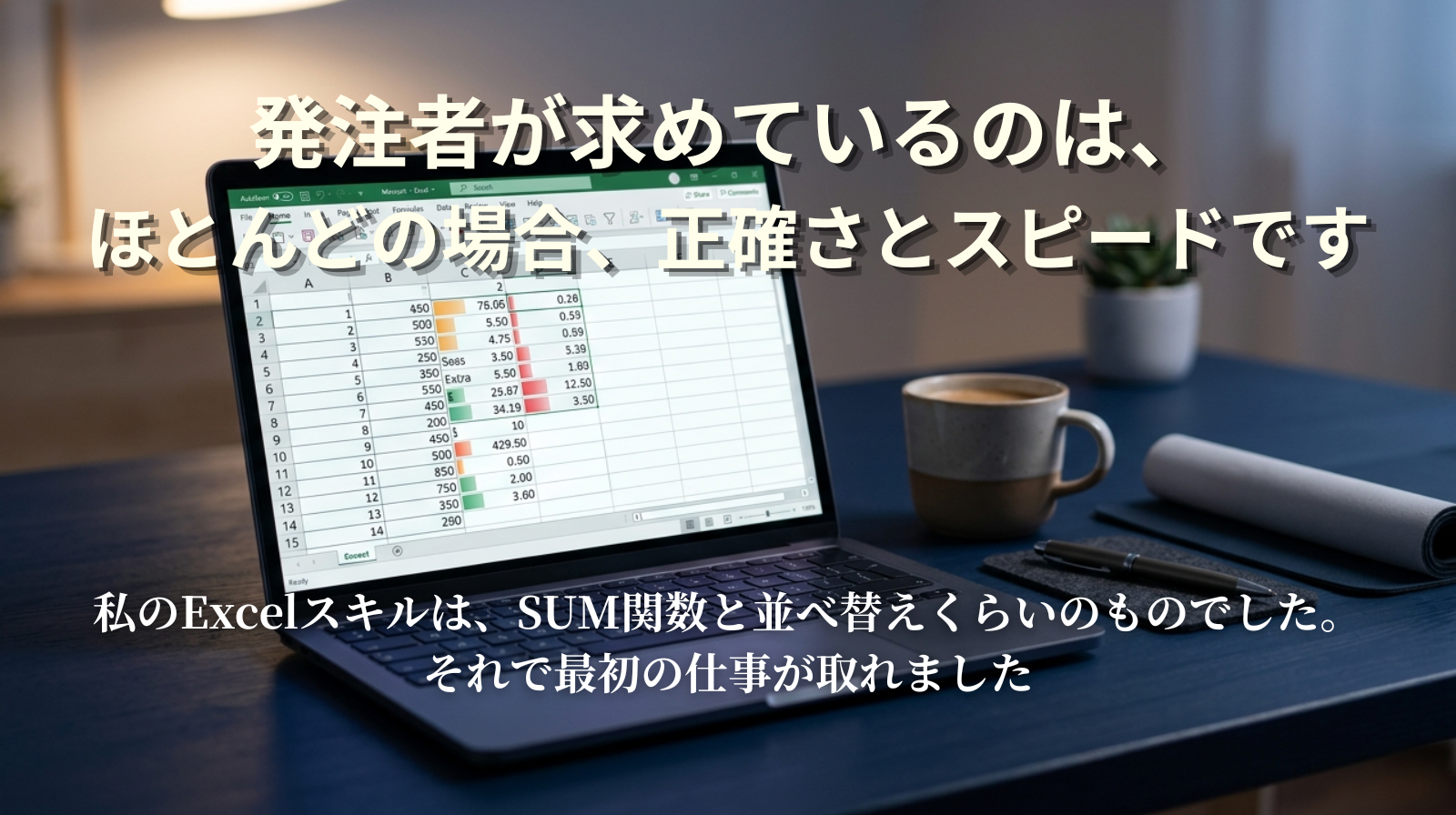 A spreadsheet grid partially visible on a laptop screen, placed on a dark navy desk. Soft focused light.