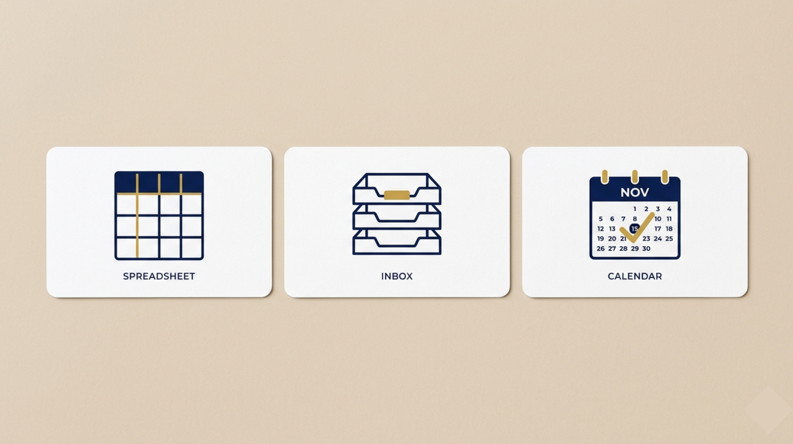 Three clean icon cards on a light beige background.