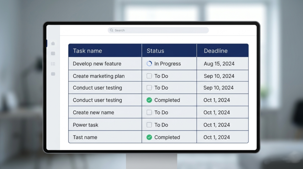 A minimal database table layout mockup. Three columns: Task name, Status, Deadline. Navy header row, clean rows. Flat design