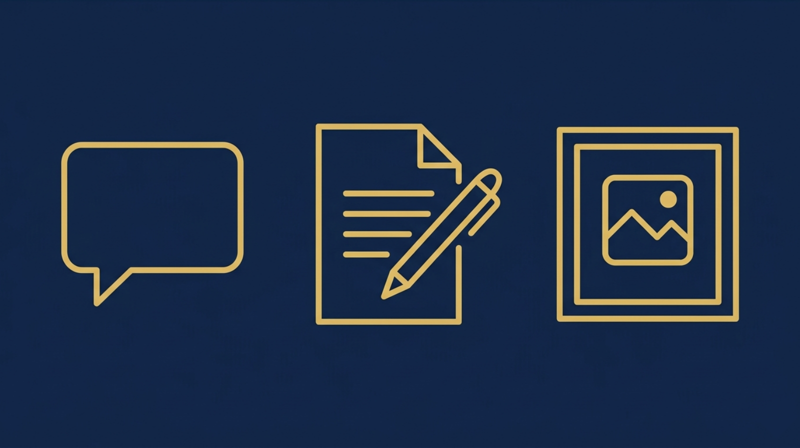 Three minimal icons on navy background: a chat bubble, a document
  with pen, and a simple image frame. Gold outline style.
  Clean flat design, no gradients. Japanese editorial aesthetic.