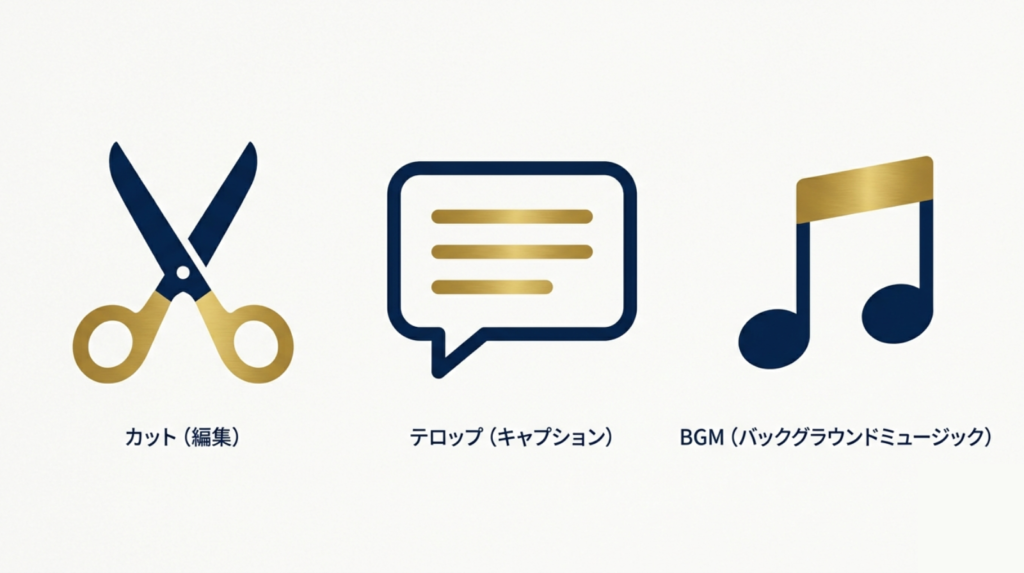 Three simple icons in navy and gold: scissors (cut), text caption (telop), music note (BGM). Minimal flat style.