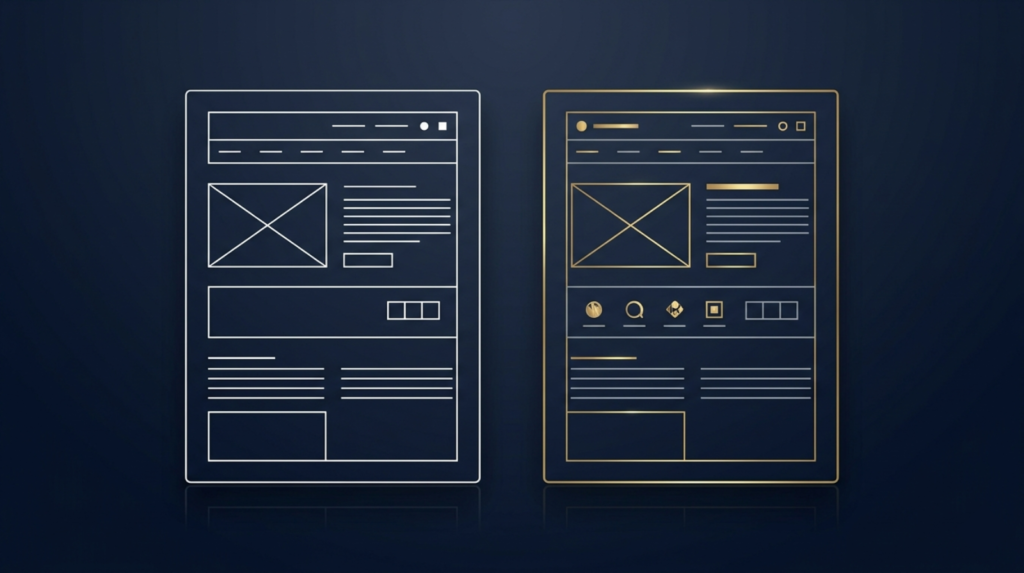 Two blank wireframe layout cards side by side on a dark navy background. The left card is a simple outline, the right card has subtle gold accents.