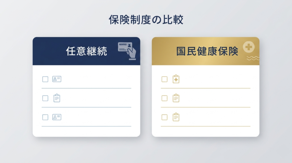 Two clean comparison cards side by side. Left: navy header "任意継続". Right: gold header "国民健康保険". Empty rows. Minimal flat design.