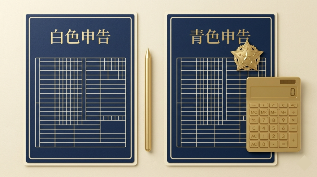 Two minimal card frames side by side. Left labeled "白色申告", right labeled "青色申告" with a gold star badge. Navy and cream color scheme.