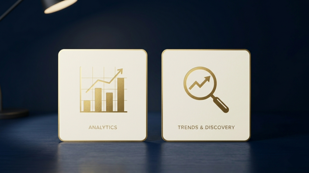 Two tool icon cards side by side. Left: analytics bar chart icon. Right: magnifying glass with chart icon. Navy and gold minimal.
