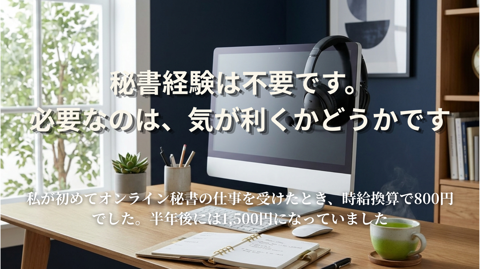 A tidy desk with a planner, a headset hanging on the monitor, and a cup of green tea. Dark navy background accents. Professional yet calm home office atmosphere.