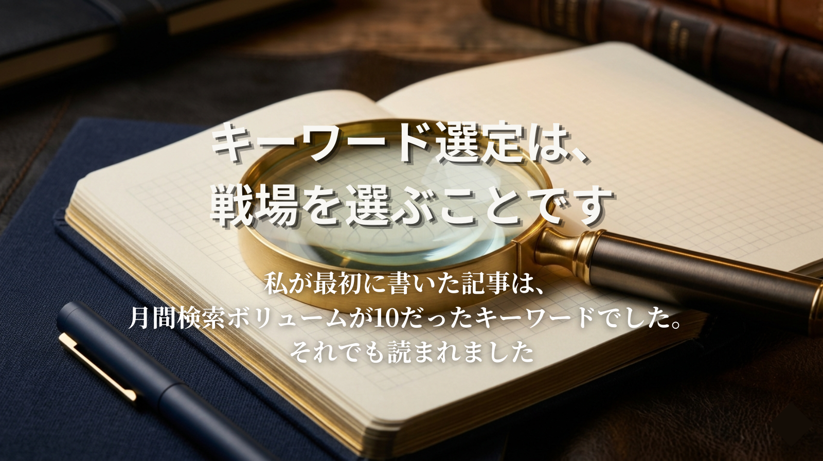 A magnifying glass resting on a dark navy notebook with faint grid lines. Gold accent rim light. Minimal, strategic, focused atmosphere.
