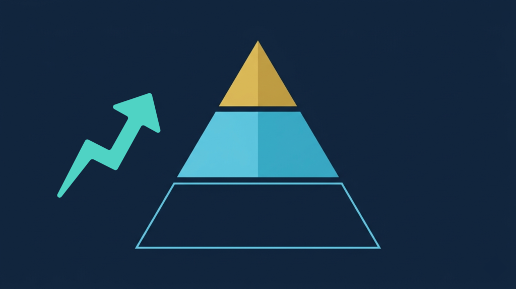 A three-tier pyramid diagram on a dark navy background. The bottom tier is a simple outline, the middle is slightly brighter, and the top peak is solid gold.