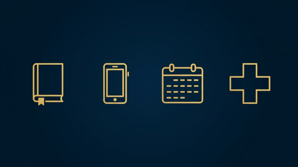 A minimal abstract 4-item icon list. Icons representing: a journal, a mobile device, a calendar, a medical cross. Dark navy background, soft gold accents. Clean flat design.
