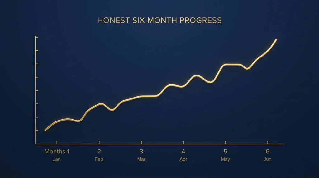 A minimal line chart showing slow, irregular but upward growth

over 6 months. Navy background, gold line. Honest, not perfect.