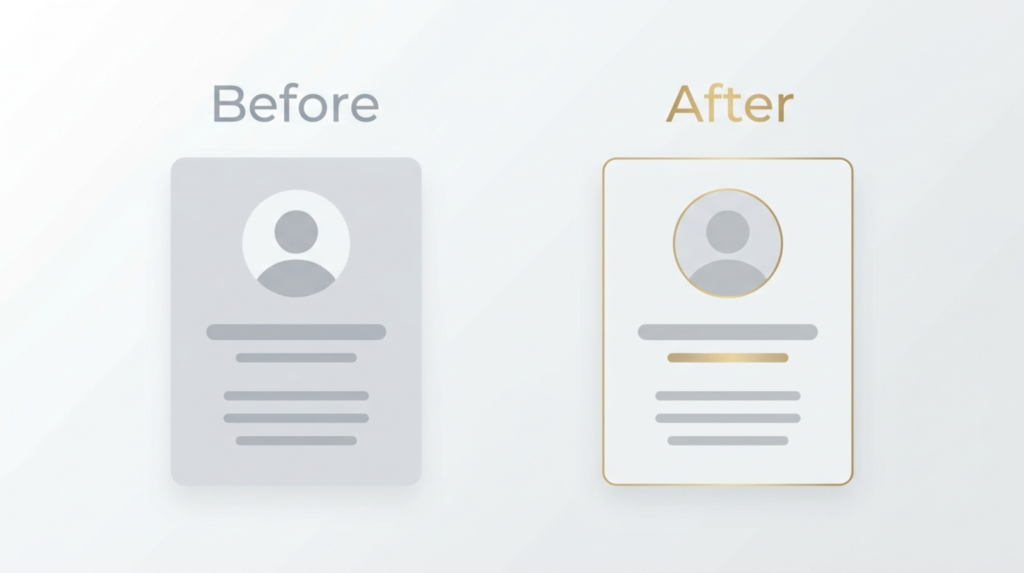 Two minimal profile card frames side by side. Left labeled
  "Before" in muted tone, right labeled "After" with gold accent.
