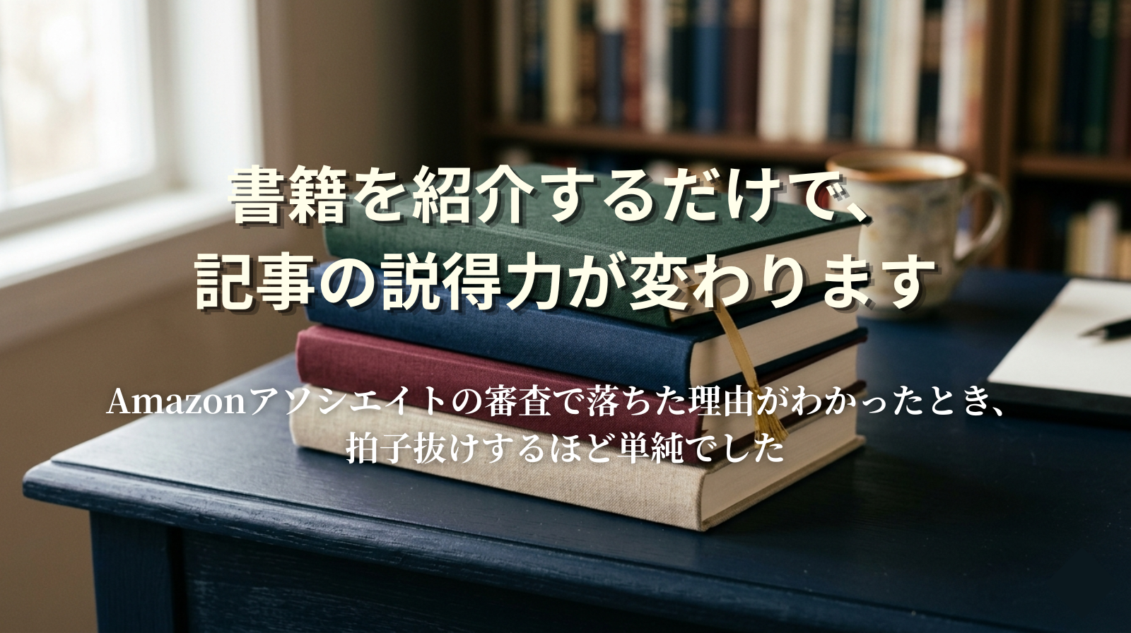 A small stack of elegant hardcover books with a subtle gold bookmark on a dark navy desk. Soft side light. Minimal, trustworthy, literary atmosphere.
