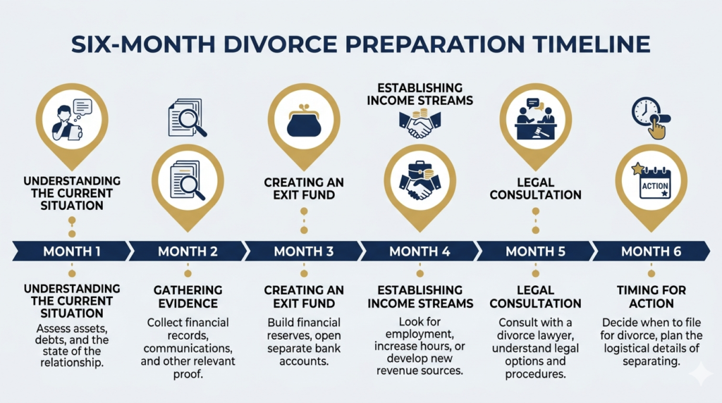 A minimal horizontal timeline. Six segments labeled Month 1-6.
  Navy base, gold milestone markers. Clean flat design.